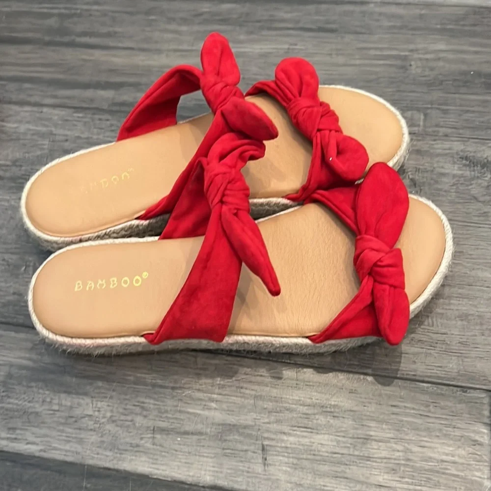 Bamboo Bow Tie Espadrille‎ Flatform Slip-On Sandals Red Womens Size 8
